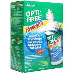 Grüne Verpackung mit einer Flasche Kontaktlinsenlösung der Marke Opti-Free RepleniSH.