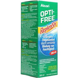 Grüne Verpackung von Kontaktlinsenflüssigkeit der Marke „Opti-Free RepleniSH“.