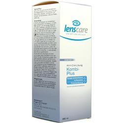 Eine weiße Verpackung mit Kontaktlinsenlösung der Marke "lenscare".