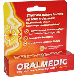Rote Verpackung eines Mundpflegeprodukts gegen Schmerzen und Entzündungen.