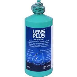 Eine grüne Flasche Kochsalzlösung für Kontaktlinsen mit blauem Etikett und Sicherheitsverschluss.