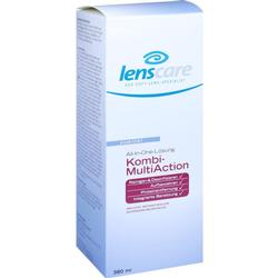 Weiße Verpackung einer All-in-One-Lösung für Kontaktlinsen mit blauem und rotem Text.