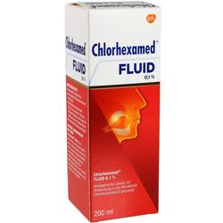 Eine Verpackung von Chlorhexamed Fluid, einer antiseptischen Mundspüllösung.