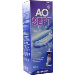 Lila Schachtel mit Reinigungslösung für Kontaktlinsen, Aufschrift "AO Sept Plus".