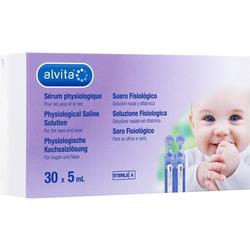 Eine Packung physiologische Kochsalzlösung mit einem Babybild darauf.